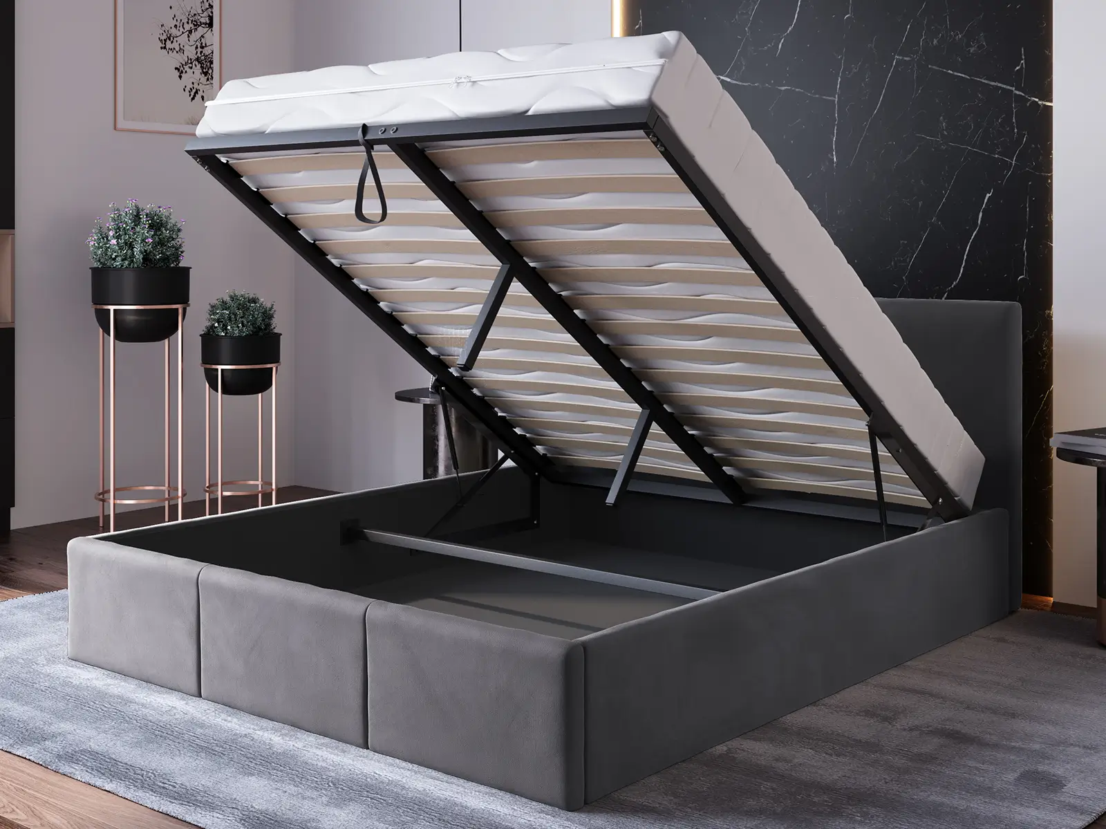 Łóżko tapicerowane z pojemnikiem 180x200 TOP line 7 Velvet Grafitowy