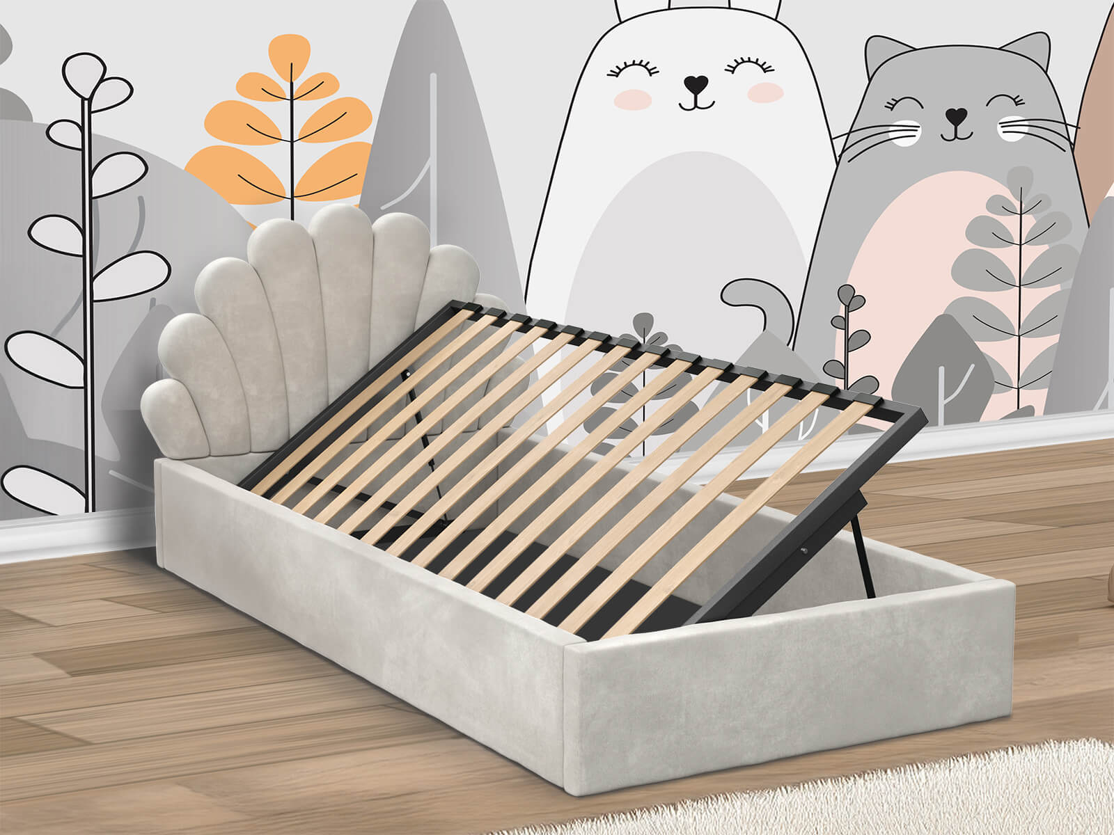 Łóżko dziecięce tapicerowane z pojemnikiem 90x200 z podnoszonym stelażem szara Muszelka Kids Line 3