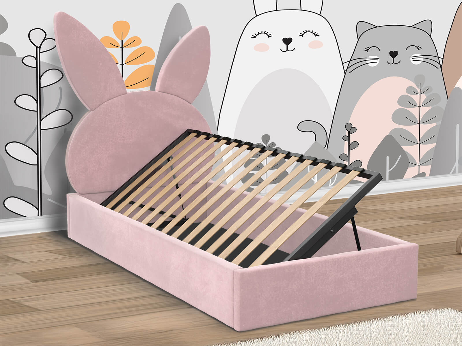 Łóżko dziecięce tapicerowane z pojemnikiem 90x200 z podnoszonym stelażem różowy Królik Kids Line 2