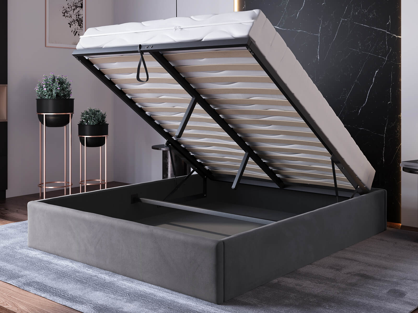 Łóżko tapicerowane z pojemnikiem 160x200 bez zagłówka Box line Grafit
