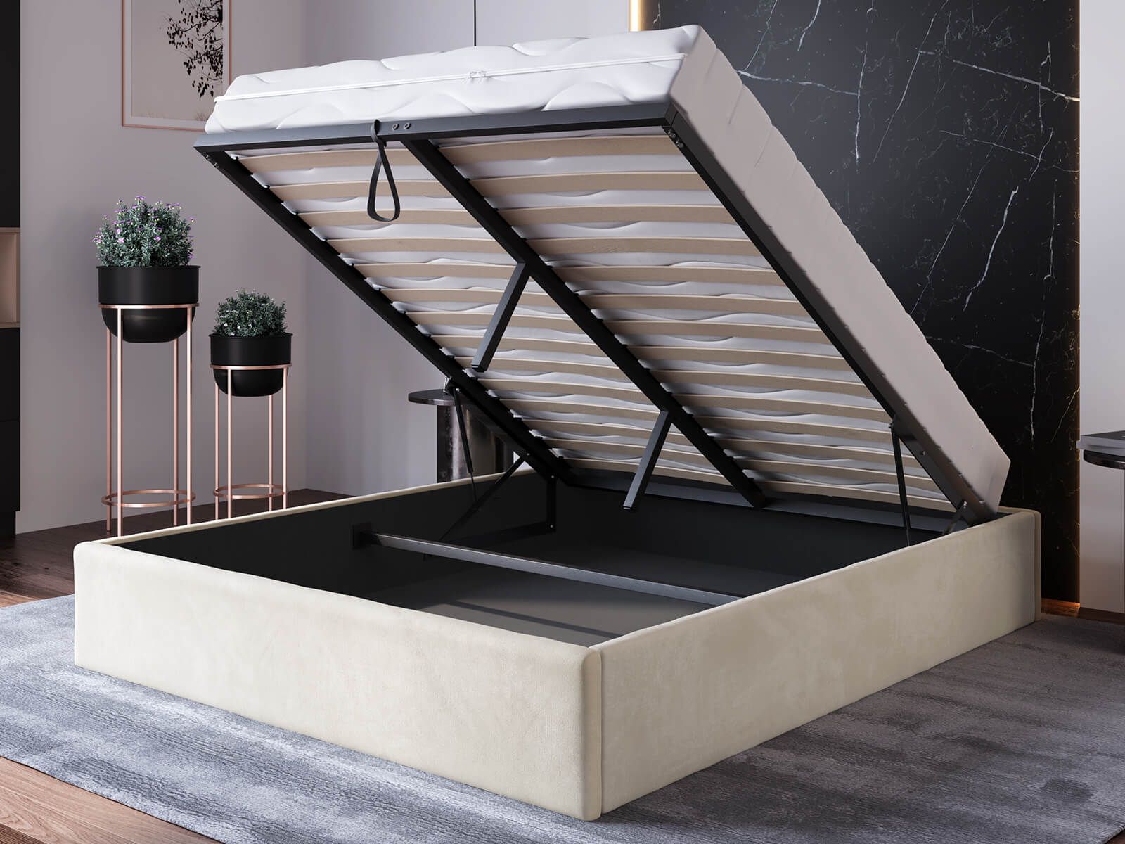 Łóżko tapicerowane z pojemnikiem 180x200 bez zagłówka Box line Beżowe