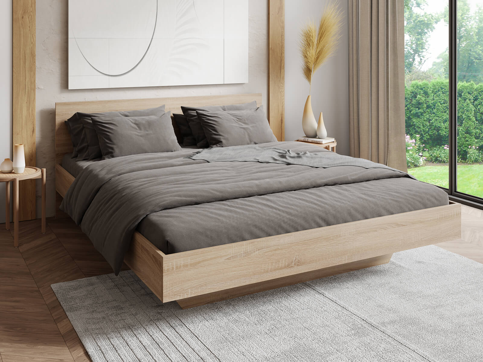 Łóżko lewitujące 140x200 DM2 z płyty meblowej dąb sonoma