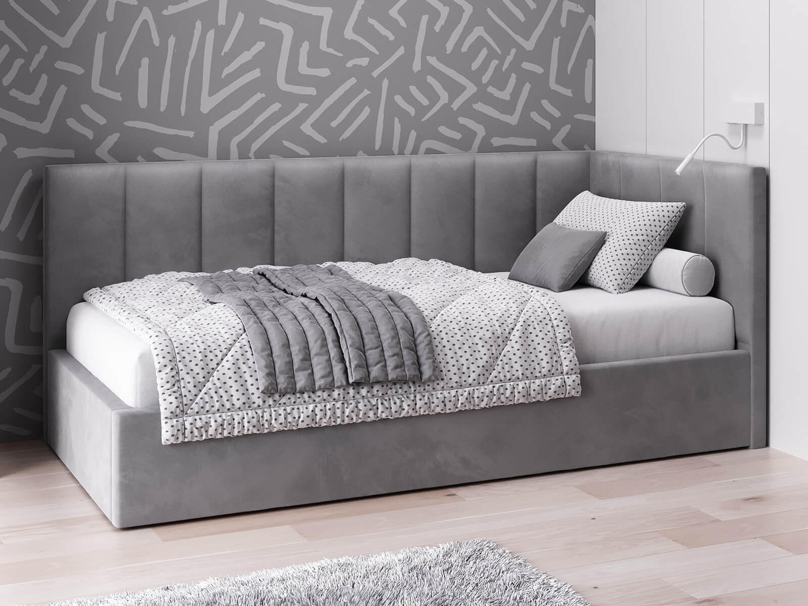 Tapczan jednoosobowy tapicerowany 90x200 z pojemnikiem ze stelażem grafitowy Tom